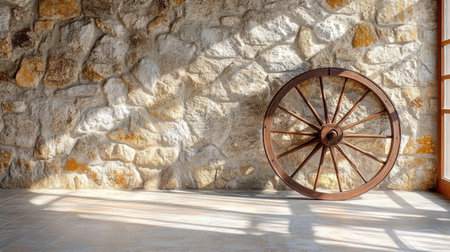 A charming interior scene featuring a rustic stone wall and a vintage wooden wheel, illuminated by soft natural light, creating a warm and inviting atmosphere.の素材