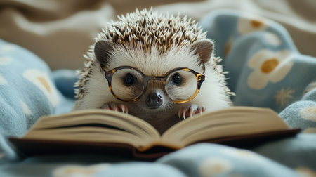 A charming hedgehog with glasses engrossed in a book, resting on a soft blanket. This delightful scene captures the essence of curiosity and comfort, perfect for animal lovers.の素材