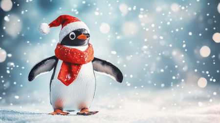 A delightful penguin wearing a Santa hat and a red scarf stands in a snowy landscape. The charming scene captures the spirit of winter festivities and joy.の素材