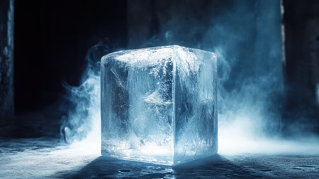 A mesmerizing ice cube with crystal clarity sits on a textured surface, enveloped in mist. The dim light enhances the beauty, creating a serene atmosphere.の素材