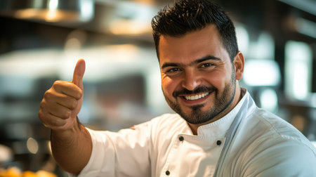 A cheerful chef in a modern kitchen setting gives a thumbs up, showcasing joy and satisfaction in his culinary work. The atmosphere reflects professionalism and hospitality.の素材