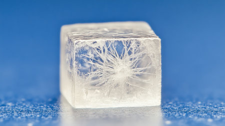 Detailed macro shot of a clear ice cube showcasing intricate frozen patterns. The clean and sparkling icy texture contrasts beautifully against a vibrant blue background.の素材