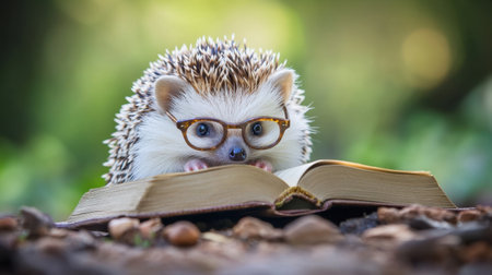 A charming hedgehog, wearing glasses, engages with a book in a serene natural setting. This adorable scene captures the essence of curiosity and peacefulness in wildlife.の素材