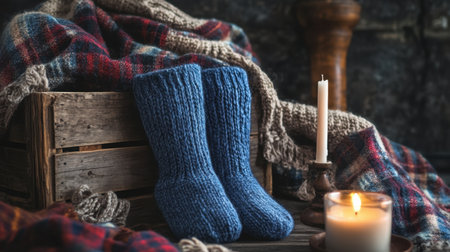 A serene composition featuring cozy blue knitted socks resting on a wooden box, draped with a warm blanket and illuminated by a glowing candle, evoking comfort.の素材