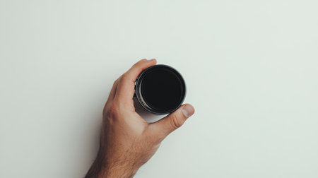 A top view image of a hand holding a black container on a plain white surface. The minimalist aesthetic evokes a sense of simplicity and tranquility. Perfect for creative projects.の素材