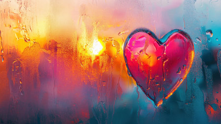 A vibrant heart shape on a misty glass, illuminated by a colorful sunset. This image evokes feelings of love and romance in a serene atmosphere.の素材