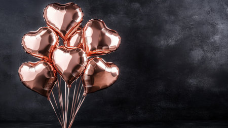 A stunning arrangement of rose gold heart balloons creates a romantic atmosphere against a dark background, perfect for celebrations and special events.の素材