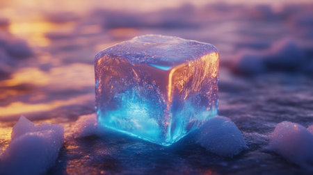 A striking ice cube sits on a frozen surface, illuminated by soft, glowing light. The clear structure reveals intricate textures and colors, evoking a serene winter scene.の素材