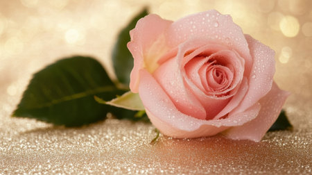 A stunning pink rose adorned with dew drops rests on a shimmering gold background, creating a captivating and elegant floral composition perfect for various themes.の素材