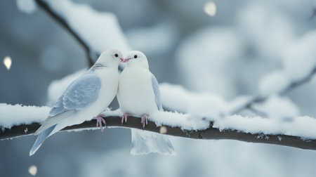 A pair of doves share a tender moment on a snow-covered branch, depicting love and tranquility in a serene winter setting. The soft colors enhance the beauty of nature.の素材