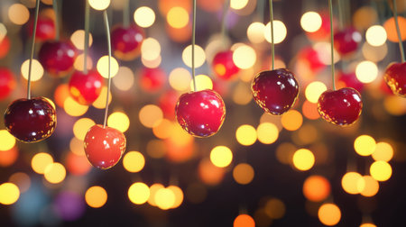 A captivating image featuring glossy cherries suspended against a vibrant bokeh background, creating a festive and colorful atmosphere perfect for seasonal themes.の素材