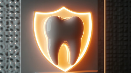 This modern 3D illustration features a glossy tooth icon integrated with a protective shield, symbolizing dental care and hygiene. Perfect for healthcare marketing.の素材