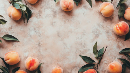 A vibrant arrangement of fresh peaches surrounded by leafy greens on a textured background. Perfect for food-related themes, recipes, and seasonal design.の素材