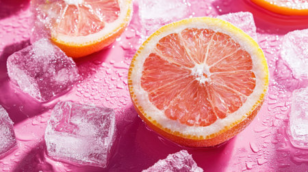 A vibrant composition of fresh citrus fruit slices surrounded by ice cubes on a bright pink background. Perfect for summertime refreshment or beverage ideas.の素材