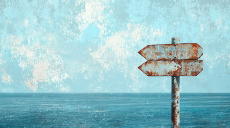 A vintage weathered directional sign stands against a calm sea, evoking feelings of adventure and exploration. The tranquil seascape encourages reflection and choice.の素材