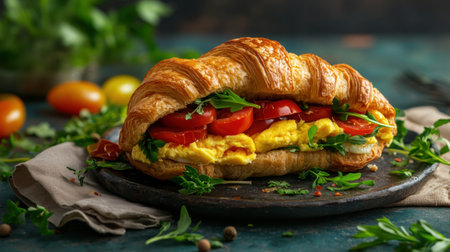 A close-up of a delicious croissant sandwich filled with fluffy eggs, vibrant tomatoes, and fresh greens, perfect for breakfast or brunch.の素材