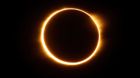 Experience a breathtaking solar eclipse featuring a bright corona set against a dark backdrop, illustrating the dramatic interplay of light and shadow in the sky.の素材