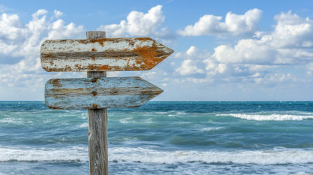 A rustic wooden signpost stands on the beach, pointing towards a mesmerizing ocean view under a beautiful sky, ideal for evoking a sense of adventure and tranquility.の素材