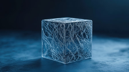 A stunning ice cube featuring intricate frozen textures and bubbles set against a dark background, showcasing beauty and clarity in cold elements.の素材