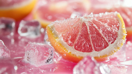 A vibrant pink grapefruit slice rests on ice, glistening with droplets of sparkling water. This refreshing image captures the essence of summer and healthy hydration.の素材