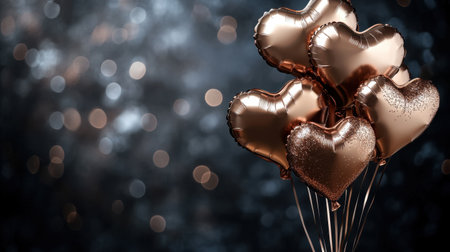 A collection of metallic rose gold heart balloons against a soft bokeh background, perfect for romantic celebrations, events, and joyful occasions that celebrate love and togetherness.の素材