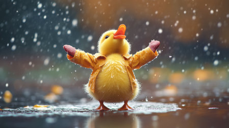 A joyful duckling wearing a yellow raincoat enjoys a rainy day, spreading its arms in delight. This charming scene captures the essence of playful innocence in nature.の素材