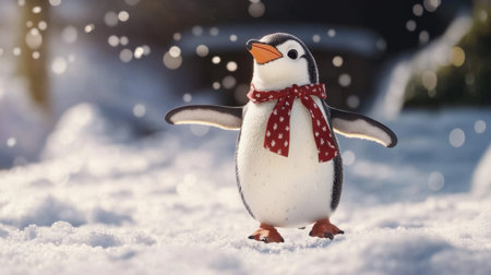 A charming penguin wearing a red scarf stands in a snowy landscape, surrounded by soft snowflakes. The scene captures the spirit of winter and joy.の素材