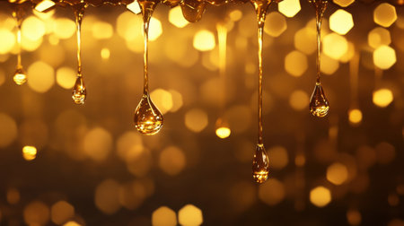 Beautiful golden drops of liquid glisten against a softly blurred bokeh background, creating an elegant and warm atmosphere perfect for various themes.の素材