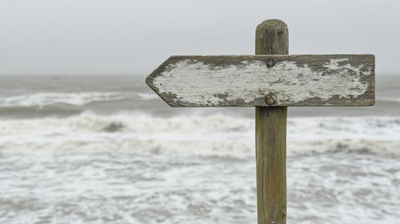 A weathered wooden signpost stands near stormy ocean waves, conveying a sense of direction and adventure amidst a tranquil yet dramatic seascape.の素材