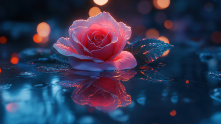 A stunning pink rose floats gently on water, adorned with glistening droplets. The soft light creates a dreamy ambiance, perfect for romantic themes.の素材