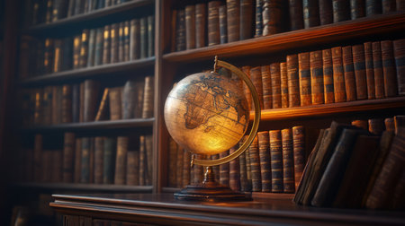 A vintage globe illuminated softly, resting among antique books in a cozy library. This scene captures the beauty of exploration and knowledge, evoking a sense of warmth and nostalgia.の素材