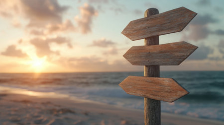 A tranquil beach scene featuring a wooden signpost with blank arrows, set against a stunning sunset backdrop. Perfect for travel and adventure themes.の素材