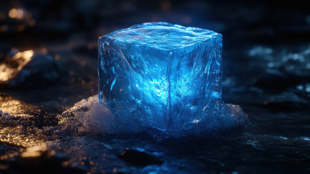 A stunning ice cube illuminated by a blue glow, set against a dark surface. This image showcases the beauty of transparency and light, creating a captivating visual.の素材