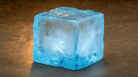 A striking blue ice cube sits on a smooth brown surface, radiating a soft glow. This image captures the beauty of ice as it enhances beverages and adds charm to any setting.の素材