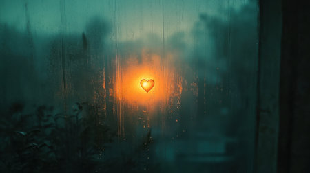A heart shape emerges on a foggy window, framed by a soft sunset glow. This intimate and evocative image captures the essence of love and warmth, perfect for romantic themes.の素材