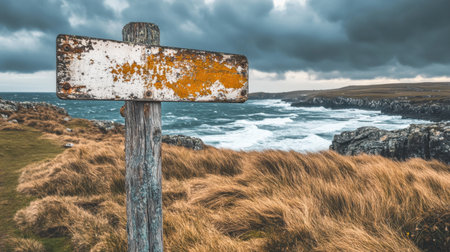A weathered signpost stands amidst tall grass, overlooking turbulent ocean waves crashing against a rugged coastline under dramatic clouds, evoking nature's beauty.の素材