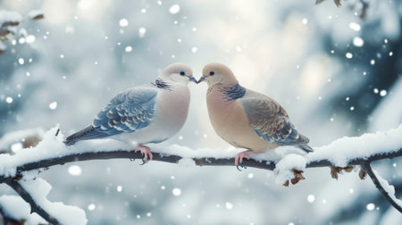 Two affectionate doves share a tender moment on a snowy branch amidst a serene winter scene. The soft snowfall enhances the romantic atmosphere.の素材