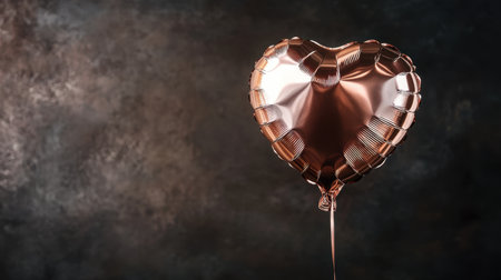 A stunning heart-shaped rose gold balloon floats against a dark background, ideal for celebrations, love-themed events, and artistic presentations.の素材