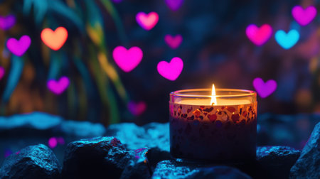 A serene candle burns gently, surrounded by vibrant heart-shaped bokeh lights. This romantic scene creates a cozy atmosphere perfect for relaxation and celebration.の素材