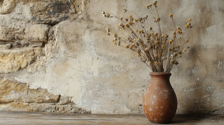 A charming still life featuring a rustic vase filled with dried flowers against a textured wall. This serene composition evokes warmth and simplicity.の素材