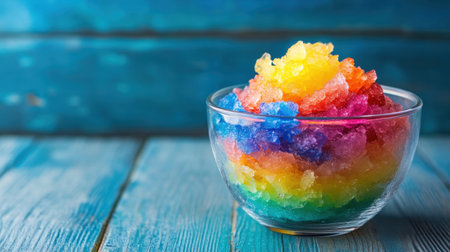 A vibrant bowl of rainbow shaved ice sits on a rustic blue table. Perfect for summer days, this colorful dessert offers a refreshing and sweet treat for everyone to enjoy.の素材