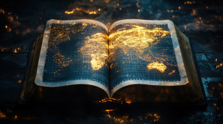 An open book displays an illuminated world map, casting a warm glow in a dark environment. This artistic representation highlights geographical details and signifies exploration and knowledge.の素材
