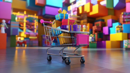 A vibrant shopping cart filled with beautifully wrapped gifts stands against a colorful backdrop, capturing the essence of festive shopping and celebration.の素材