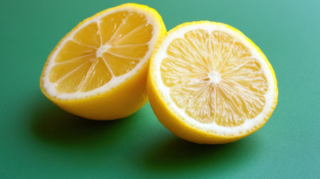 Bright and vibrant lemon halves are displayed on a green background, showcasing their juiciness and fresh appeal. Perfect for culinary themes.の素材