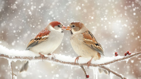 Two charming sparrows share a moment of affection as they delicately feed each other on a snowy branch. The serene winter backdrop enhances their intimate bond.の素材