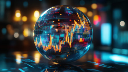 This captivating abstract image features a digital globe illuminated with vibrant stock market data and trading charts, symbolizing innovation in finance.の素材