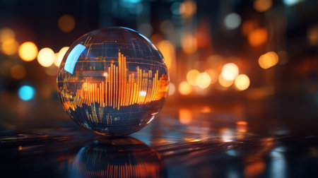 A stunning glass sphere showcases a futuristic data visualization, highlighted with vibrant colors. The blurred background creates an artistic bokeh effect, enhancing the modern look.の素材