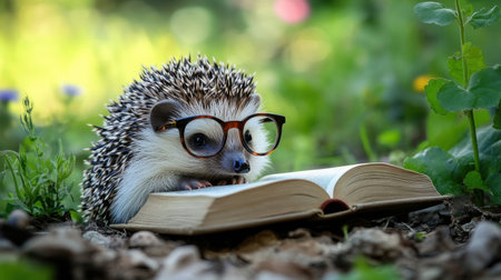 A cute hedgehog wearing glasses is reading a book in a lush, green outdoor environment. The scene captures the essence of wildlife and imagination.の素材