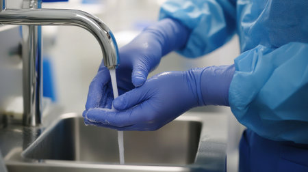 A medical professional in blue gloves washes hands in a sink, emphasizing hygiene and safety in healthcare settings. The image highlights essential practices for cleanliness.の素材