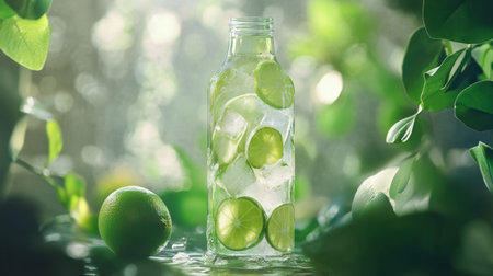 A refreshing glass bottle filled with lime-infused water, surrounded by vibrant green leaves, showcasing a healthy lifestyle and nature's beauty.の素材
